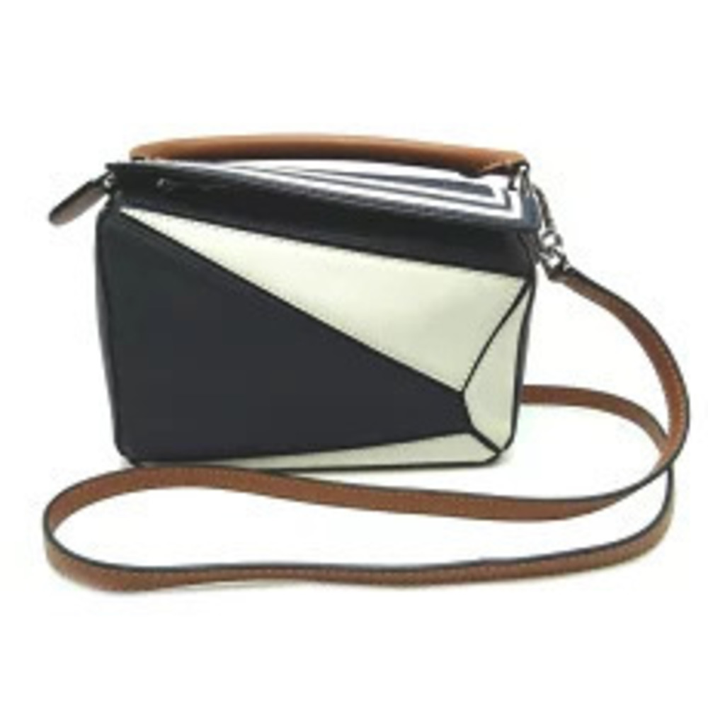 Loewe Puzzle Shoulder Bag Calf Leather Navy Blue Brown White